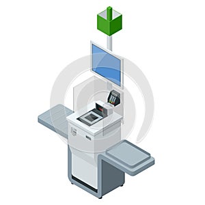 Isometric self-service cashier or terminal. Point with self-service checkout in the supermarket.