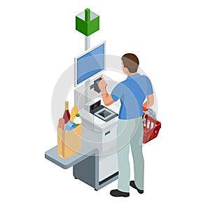 Isometric self-service cashier or terminal. Young man paying at the self-service counter using the touchscreen display