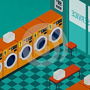 Isometric self-service laundry interior with washing machines