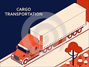 Isometric semi truck with red cab transporting commercial cargo moving on the highway