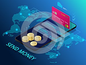 Isometric send money. Online Money Transfer Interface Concept. Modern technology and online transaction.