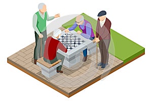 Isometric senior friends playing chess game at the park. Logical tactical turn-based game, chess tournament, sport game