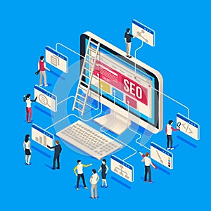 Isometric seo agency. Creative people startup develop team creating together on computer. 3d seo vector illustration