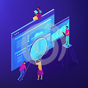 Isometric SEO marketing and analytics illustration.