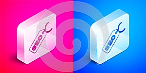 Isometric SEO optimization icon isolated on pink and blue background. Silver square button. Vector
