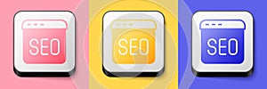 Isometric SEO optimization icon isolated on pink, yellow and blue background. Square button. Vector