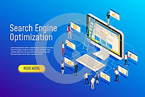 Isometric seo optimization. Website team computer optimizing. 3d seo web site optimize vector illustration