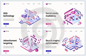 Isometric seo technology concept vector illustration, cartoon 3d seo search engine optimization, ad targeting and social