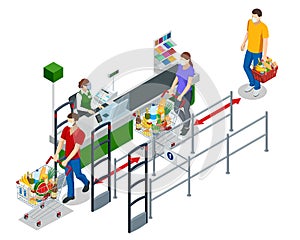 Isometric series of cash registers, cash desk, in a large supermarket. People with shopping carts and baskets waiting in