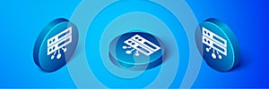 Isometric Server, Data, Web Hosting icon isolated on blue background. Blue circle button. Vector