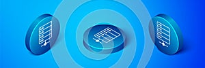 Isometric Server, Data, Web Hosting icon isolated on blue background. Blue circle button. Vector