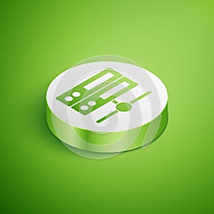 Isometric Server, Data, Web Hosting icon isolated on green background. White circle button. Vector