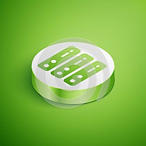 Isometric Server, Data, Web Hosting icon isolated on green background. White circle button. Vector