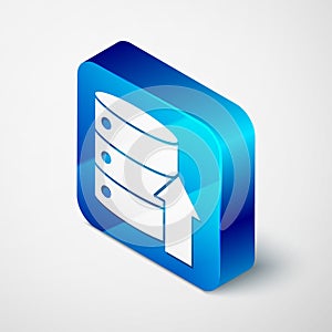 Isometric Server, Data, Web Hosting icon isolated on grey background. Blue square button. Vector Illustration