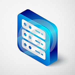 Isometric Server, Data, Web Hosting icon isolated on grey background. Blue square button. Vector