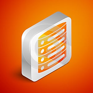 Isometric Server, Data, Web Hosting icon isolated on orange background. Silver square button. Vector