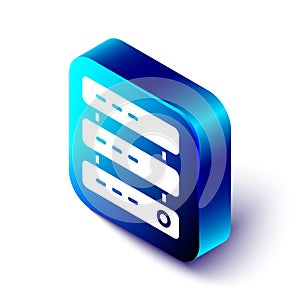 Isometric Server, Data, Web Hosting icon isolated on white background. Blue square button. Vector