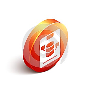 Isometric Server, Data, Web Hosting icon isolated on white background. Orange circle button. Vector