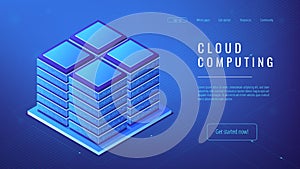 Isometric server farm cloud computing concept.