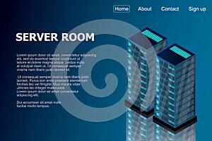 Isometric server room. Futuristic technology of data protection and processing