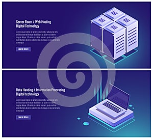 Isometric Server room rack, web hosting, cloud data storage, data handing, information processing, laptop digital