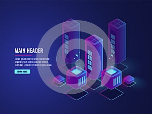 Isometric server room, web hosting services conceptual banner, data encryption and protection center