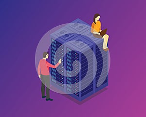 Isometric server technology with people character and modern purple violet background - vector