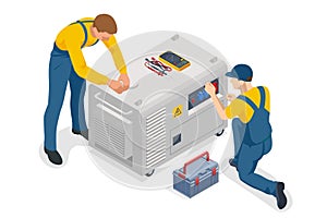 Isometric service engineer repairing or adjusting diesel power generator. Portable electric power-generator, industrial