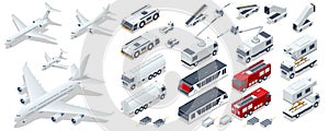 Isometric Service Vehicles, Self-Propelled Ladder, Airplane passenger plane. Business aircraft, Corporate jet. Aerodrome