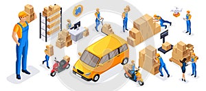 Isometric set of 2 service delivery icons, couriers carry orders, ride on official vehicles, scooter, car