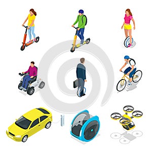 Isometric set of Alternative Eco Transport isolated on a background. Modern bike, electric car with solar panels