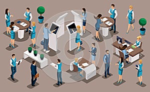 Isometric a set of bank managers in work in the bank`s office, ATMs, issuing loans, deposits, customer service, individuals and