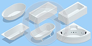 Isometric set of bathtubs for interior design plan. Modern bath isolated on background.
