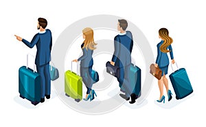 Isometric Set of beautiful business people and business woman on a business trip, with luggage at the airport, rear view. Travelin