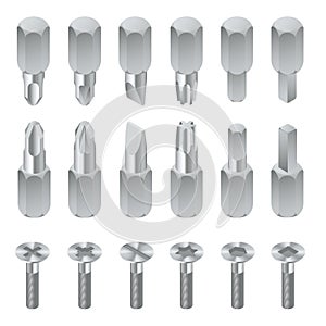 Isometric set of bits for screwdriver isolated on white background. . Metal bits for screwdriver. Hand tools for repair photo