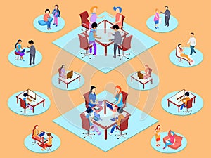 Isometric set of business people performing different task.