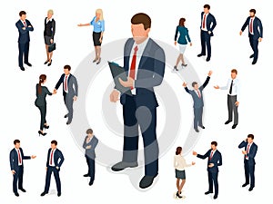 Isometric set of Businessman and businesswoman character design. People isometric business man in different poses