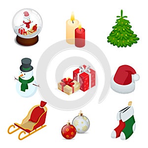 Isometric set of Christmas new year holiday decoration icons set isolated vector illustration New Year s ball, candles