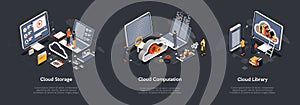 Isometric Set of Cloud Storage, Cloud Computation, Cloud Library. Professional VIP Isometric Vector Illustration