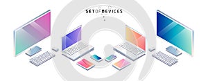 Isometric set of computer, mobile phone, tablet, laptop.