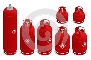 Isometric set of Cooking gas cylinders. Production, delivery and filling with natural gas of lpg gas bottle or tank.