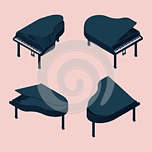 Isometric set of different foreshortening of grand piano. Black musical instrument on pink background