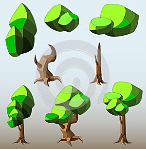 Isometric set of different low poly trees and shrubs