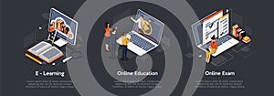 Isometric set of education concept. E-Learning, Online education, online exam.