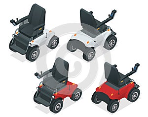 Isometric set of electric wheelchair. New large motorized electric wheelchair. Mobile scooter. photo