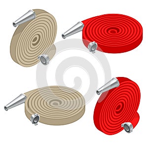 Isometric set of fire hoses. Fire safety and protection. Rolled into a roll, red fire hose with aluminum connective