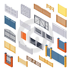 Isometric set of gates and countryhouse fences isolated vector
