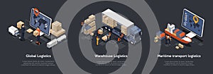 Isometric Set Of Global Logistics, Warehouse Logistics, Maritime Transport Logistics. On Time Delivery Designed To Sort