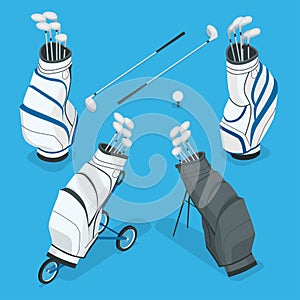 Isometric set of a golf clubs in a white bag. Flat 3d vector illustration on white background. photo