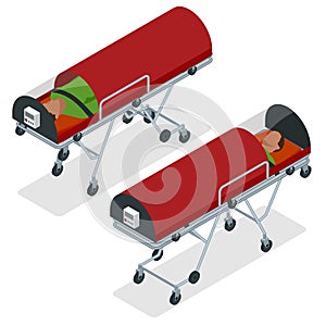 Isometric set of a gurney or wheeled stretchers isolated on white. Healthcare, reanimation, emergency room and medicine